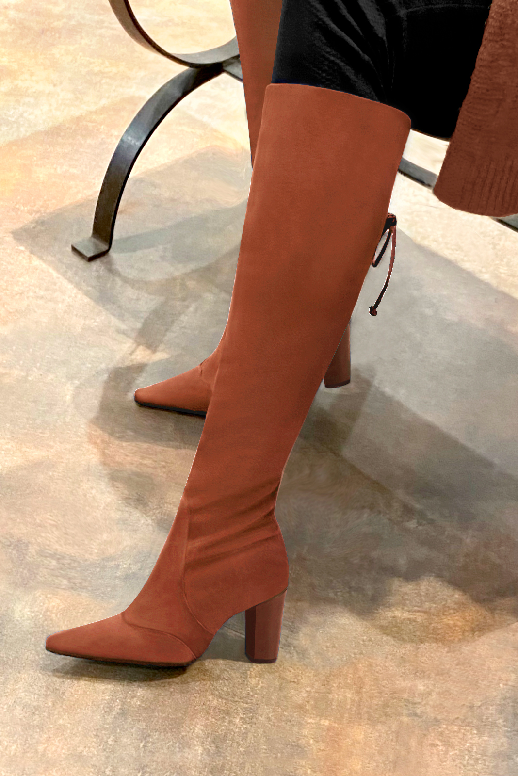 Terracotta orange women's knee-high boots, with laces at the back. Pointed toe. High block heels. Made to measure. Worn view - Florence KOOIJMAN